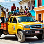 **Prompt:** A vibrant and bustling street scene in Haiti featuring a brightly decorated "Tap Tap" (converted pickup truck) overflowing with passengers. Capture the lively atmosphere with street vendors, colorful buildings, and the energy of Haitian daily life. Focus on the unique character and charm of this iconic mode of transportation.