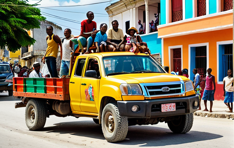 **Prompt:** A vibrant and bustling street scene in Haiti featuring a brightly decorated "Tap Tap" (converted pickup truck) overflowing with passengers. Capture the lively atmosphere with street vendors, colorful buildings, and the energy of Haitian daily life. Focus on the unique character and charm of this iconic mode of transportation.
