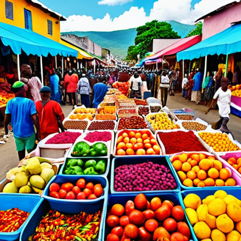 **Vibrant Haitian Market Scene:** A bustling marketplace in Haiti, overflowing with colorful textiles, fruits, and handcrafted goods. The scene is alive with energy, capturing the spirit of daily life. Style: Inspired by Haitian art, with bold colors and expressive brushstrokes.