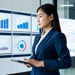 A professional Thai woman, fully clothed in a modest business suit, standing confidently in a modern, well-lit office with abstract digital data visualizations and secure lock icons in the background. She is engaging with a clear touchscreen interface, symbolizing personal data protection and digital rights. safe for work, appropriate content, fully clothed, professional dress, perfect anatomy, correct proportions, natural pose, well-formed hands, proper finger count, natural body proportions, professional photography, high quality.