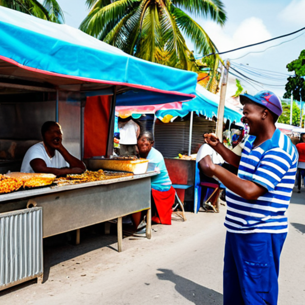 Vibrant Haitian Street Food Scene**

A bustling Haitian street scene, featuring a vendor selling Griot (fried pork) with Pikliz (spicy slaw) from a colorful food stall. People are smiling and enjoying the food. In the background, there are vibrant buildings and palm trees. Everyone is fully clothed in modest, everyday attire. Safe for work, appropriate content, professional photography, perfect anatomy, natural proportions, family-friendly scene.

**