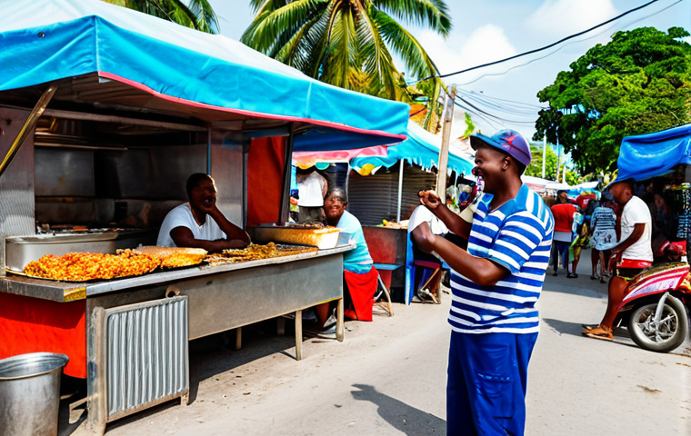 Vibrant Haitian Street Food Scene**

A bustling Haitian street scene, featuring a vendor selling Griot (fried pork) with Pikliz (spicy slaw) from a colorful food stall. People are smiling and enjoying the food. In the background, there are vibrant buildings and palm trees. Everyone is fully clothed in modest, everyday attire. Safe for work, appropriate content, professional photography, perfect anatomy, natural proportions, family-friendly scene.

**