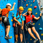 **

"A group of fully clothed tourists, appropriate attire, are rock climbing on an indoor climbing wall in Bangkok, Thailand. They are wearing harnesses and helmets. The atmosphere is safe and professional. Perfect anatomy, correct proportions, well-formed hands, proper finger count, natural pose, high quality, safe for work, appropriate content, professional."

**
