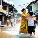 아이티에서 경험할 수 있는 특별한 문화 행사 - Songkran Festival**

"A vibrant scene of Songkran celebrations in Thailand, featuring people playful...
