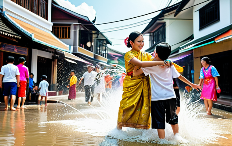 아이티에서 경험할 수 있는 특별한 문화 행사 - Songkran Festival**
"A vibrant scene of Songkran celebrations in Thailand, featuring people playful...